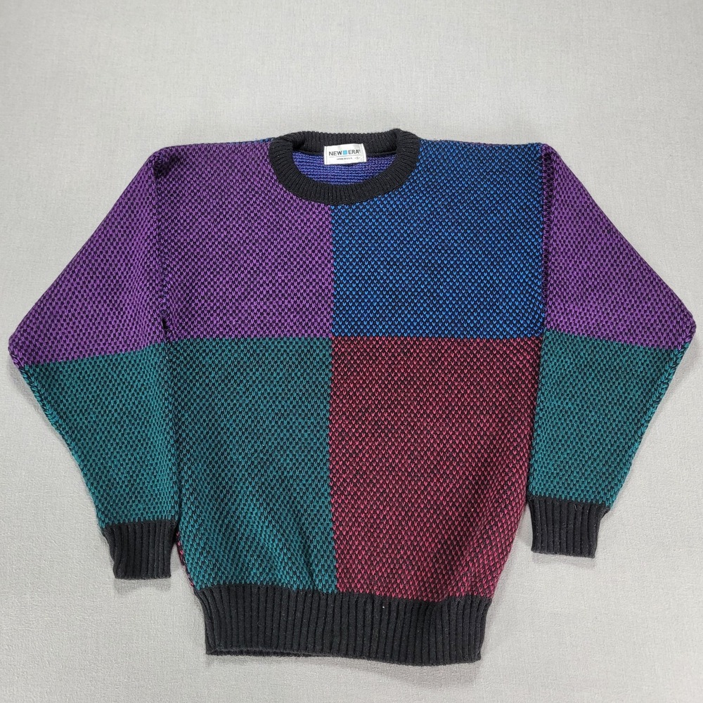Vintage New Era Sweater Women Small Retro Colorful Color Block Knit Acrylic